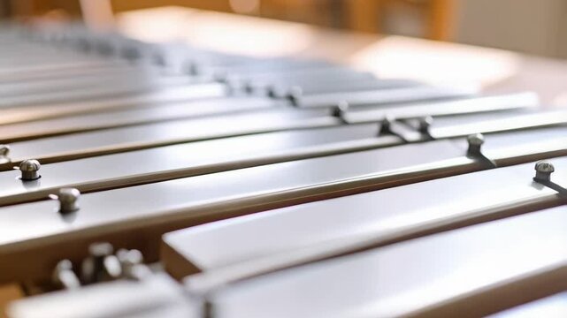 Close-up of xylophone instrument with metal bars and wooden frame on a light surface in horizontal format