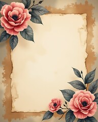 Vintage grunge background with a floral rose border, perfect for a romantic pink wedding card or Valentine's Day design