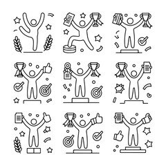 High Quality Victory, achievement line icon set