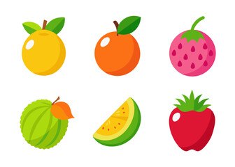 Six colorful flat fruit icons on white