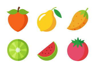 Flat design fruit icons peach lemon mango lime watermelon tomato