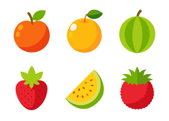 Flat design fruit icons apple orange watermelon strawberry raspberry