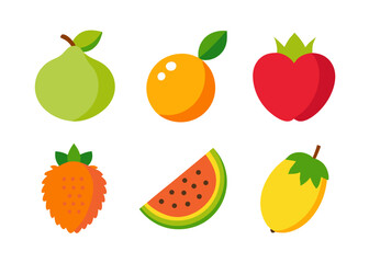 Flat design fruit icons guava orange strawberry watermelon and mango
