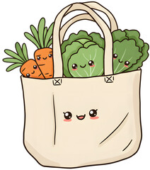Cute Eco Shopping Bag with Smiling Vegetables, Zero Waste Illustration