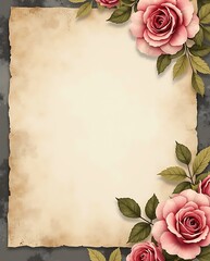 Vintage background with pink roses, floral frame, and heart design perfect for a wedding card or Valentine's Day