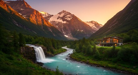 Majestic Mountain Valley Landscape Serene Waterfall, River, and Alpine Chalet at Sunset