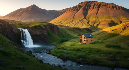 Serene Mountain Waterfall Retreat Stunning Icelandic Landscape Photography