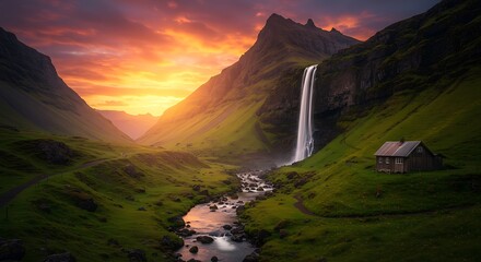 Majestic Waterfall Sunset Landscape Breathtaking Icelandic Scenery, Dramatic Cliffs, Lush Valley