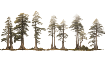 Cypress Trees:  Swamp Landscape, Nature Photography, Tall Conifers, Botanical Illustration on transparent background png