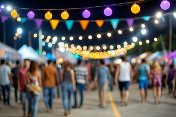Bustling night market with colorful lights and diverse crowd