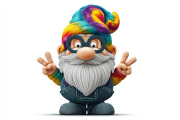 Colorful gnome with peace signs wearing tie-dye hat and overalls