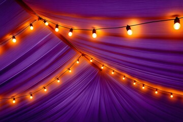 Vibrant purple tent ceiling with glowing string lights
