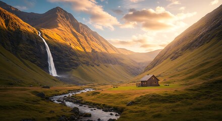 Serene Mountain Valley Sunset Waterfall, Cabin, and Golden Hour Landscape Photography