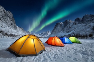 Northern lights over arctic tents in snowy mountain landscape