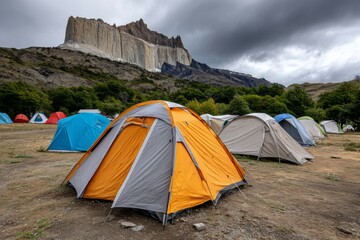 Colorful tents at base of dramatic mountain landscape with cloudy sky
