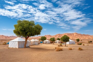 Serene desert campsite with tents and trees in arid landscape
