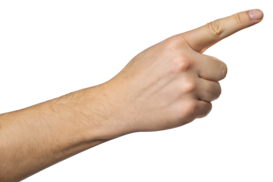 Ai generated image of a pale hand extends, index finger pointing, isolated on transparent background