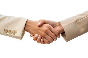 Ai generated image of a firm handshake between two women in beige jackets, isolated on transparent background