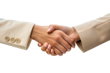 Ai generated image of a firm handshake between two women in beige jackets, isolated on transparent background
