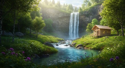 Serene Waterfall Cabin Retreat Lush Forest Landscape Photography