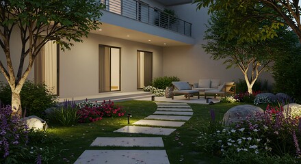 Serene Evening Backyard Oasis Modern Landscape Design with Luxurious Patio and Elegant Lighting