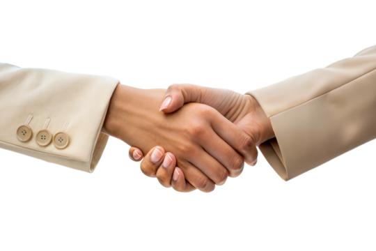 Ai generated image of a firm handshake between two women in beige jackets, isolated on transparent background