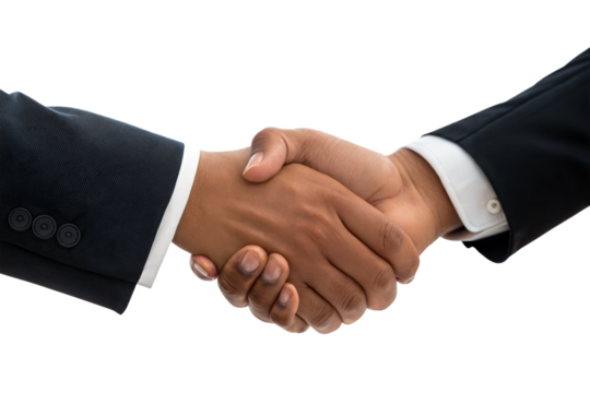 Ai generated image of a firm handshake between two men in suits, isolated on transparent background