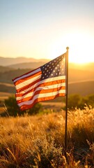 American flag waving in golden sunset with rolling hills in background is visually compelling scene.