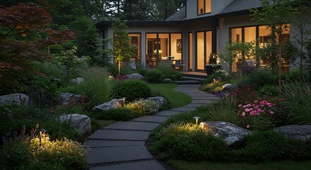 Illuminated Garden Path Landscaping Design at Night, Stone Pathway, Outdoor Lighting, Backyard Oasis