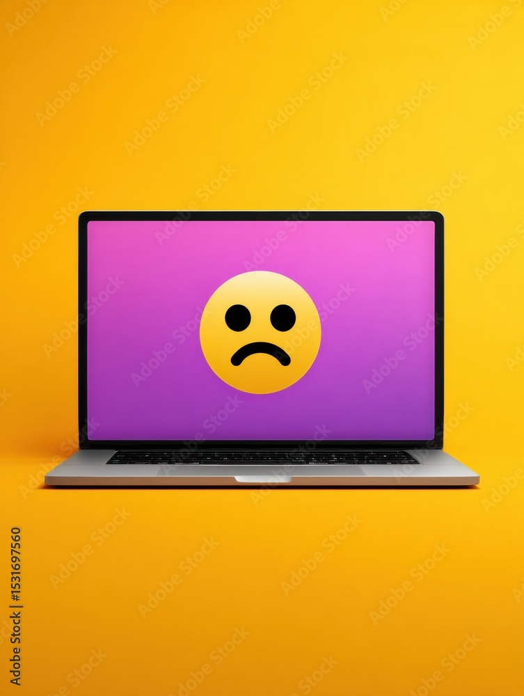 Poster website crash screen displayed on laptop with a frowning emoji against a bright background