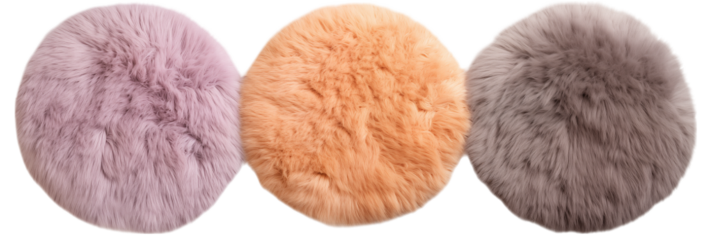 Three Round Fluffy Texture Samples: Purple, Peach, Gray on transparent background png