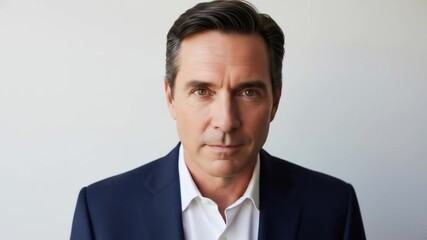 Portrait of a man in a blue suit and white shirt against white wall - Powered by Adobe