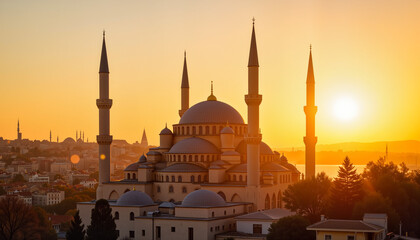 Obraz premium Mosque silhouette at sunset over the cityscape