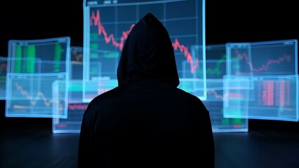 Hooded figure observes falling stock market graphs in a dark room