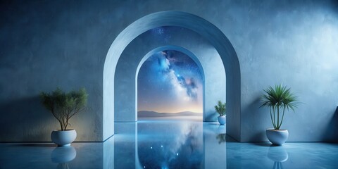 Serene Nightscape Contemplative Interior with Archways Opening to Starry Sky and Tranquil Water Reflection