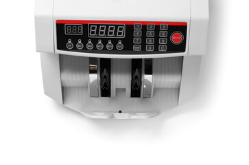 Modern cash counting machine on white background, closeup