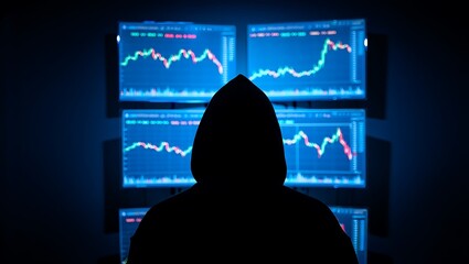 Hooded figure observes fluctuating market data on multiple screens