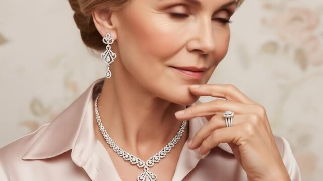 Woman wearing diamond jewelry set with ring earrings and necklace set