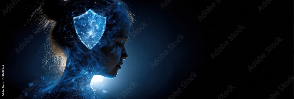 Poster Teen Profile Icon Featuring a Cyber Shield Emerging From a Glowing Orb in a Dark Environment With a Space for Personalization