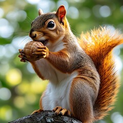 Obraz premium Adorable reddish-brown squirrel enjoying a walnut