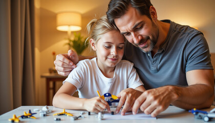 Fototapeta premium Father and daughter crafting airplane models together at home