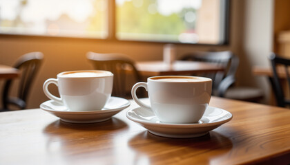 Two white coffee cups on wooden table in cozy café