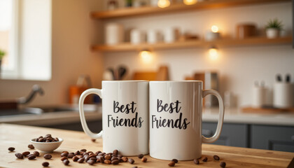 Best friends coffee mugs on kitchen table