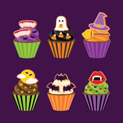 Halloween decorated cupcakes dessert elements collection design illustration
