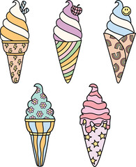 Set of cute and colorful retro soft ice cream elements collection design illustration 