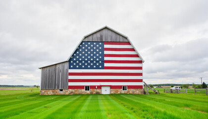 Fototapeta premium American flag barn against cloudy sky