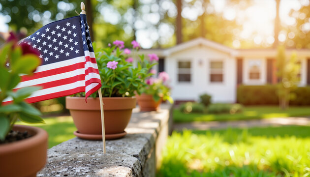 American flag beside potted flowers in sunlit garden