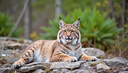 Lynx resting on rocky ground with greenery in background