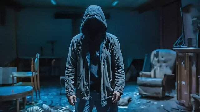 A mysterious hooded figure with no face stands in a dark, messy room, creating a tense atmosphere