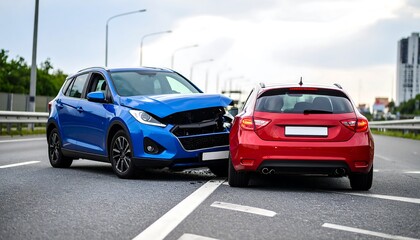 A blue car has crashed into the back of a red car, causing damage and a traffic incident.